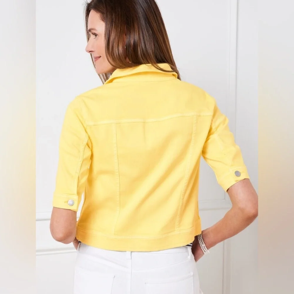 Talbots SHORT SLEEVE Cropped JEAN JACKET - DAISY Medium Butter Yellow - Picture 2 of 6